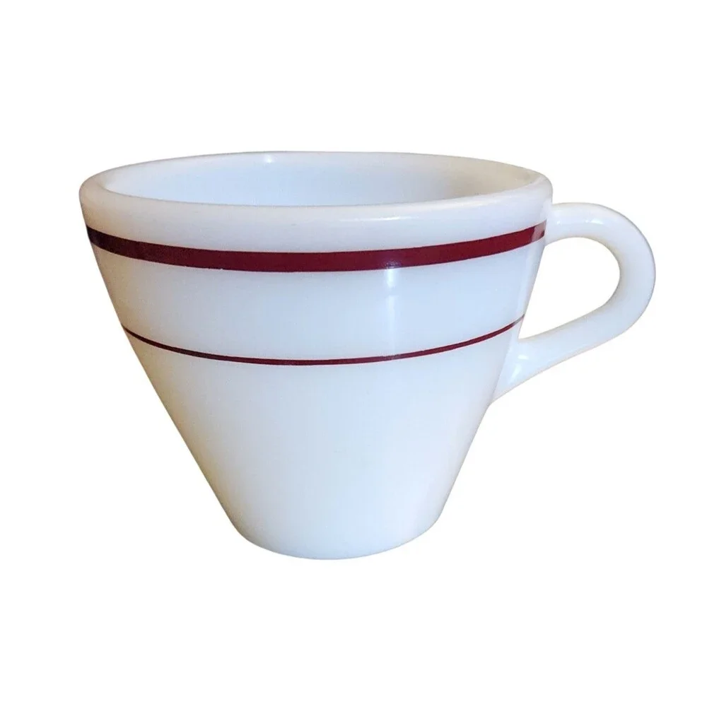 4-Vintage 1950s Pyrex Tableware by Corning Coffee Cups White w/ Double Red Band